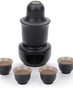 7 Pieces Sake Set Japanese Style Ceramic Black Glaze Wine Glasses Set with Warmer Pot and Candle Stove for Cold/Warm/Hot Sake/Shochu/Tea Best Gift