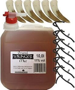 Wikinger Met 10 Liter Kanister + 6 Stück Trinkhörner 0,2 Liter + 1 Stück Ausgießer + 6 Stück Trinkhornständer