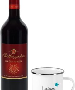 Herz & Heim® Glühweinset mit Emaille Tasse - bedruckt mit Wunschnamen