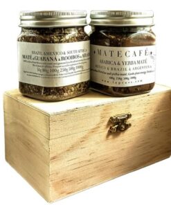 MA maté arabica 80g and MGRA of maté guarana rooibos and arabica 80g in wooden box