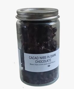 Kakaonibs in 70% dunkler Schokolade aus Mexiko in dekorativer Glasflasche