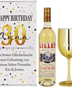 Herz & Heim® Lillet Geschenkset zum Geburtstag/mit Geschenkbox, Weinkelch und 1 Flasche Lillet/mit Wunschname, Alter und Wunschtext Blanc