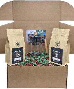 SPLIT OAK COFFEE ROASTERS Bourbon-Geschenk für Männer und Frauen, 2 Stück, Bio-Bourbon-Fass, Kaffee + 1 Edelstahl, französische Presse, der Bourbon-Kaffeeliebhaber, Lieblings-Geschenkbox.