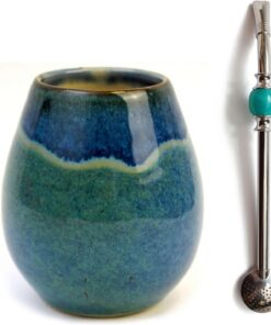 Yerba Mate-Tee Set | Keramik mate tee tasse HANDAMADE ~300ml | Einzigartig matero | Spülmaschinenfest | Edelstahl-Strohhalm Bombilla Bola Schwarz für Mate Tee 21cm | Set fur yerba mate-tee