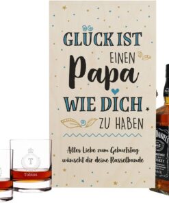 Herz & Heim® Whisky Geschenkset mit 2 gravierten Gläsern, 1 Geschenkbox aus Holz und einer 0.7l Flasche Bourbon Whiskey (Glück ist einen Papa wie Dich zu haben)