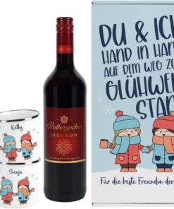 Herz & Heim® Rotkäppchen Glühwein 0,75l Geschenkset mit 2 Emaillebechern | Freundinnen-Geschenk zu Weihnachten