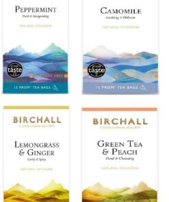 Birchall Tea - Packung mit 4 Teebeuteln mit Aromen von Pfefferminze, Kamille, Zitronengras und Ingwer sowie grünem Tee und Pfirsichtee, 60 Beutel, frei von Prismen-Teebeuteln - ein köstlicher und