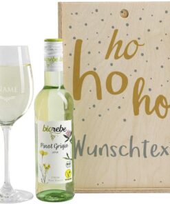Herz & Heim® Kleines Wein-Geschenk zu Weihnachten mit graviertem Weinglas und Wein zur Auswahl in Weinkiste Pinot Grigio