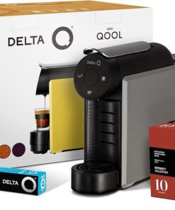 Delta Q MiniQool Kaffeekapselautomat, Behälter mit Kapazität von 7 Kapseln, inklusive 1 x 40 Qalidus-Kaffeekapseln + 1 x 10 DeQafeinatus-Kapseln, Grau