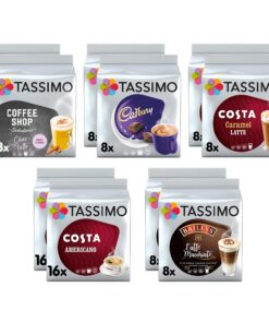 Tassimo Kaffeesortiment – Costa Americano/Caramel Latte, Cadbury Choco, Chai Latte (neues Design), Baileys Latte Macchiato Kapseln – 10 Packungen (96 Getränke)