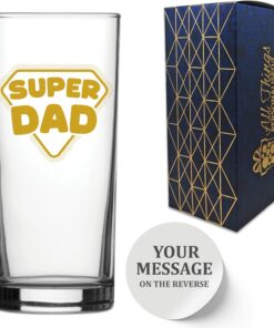 Personalisierbares "Super Dad"-Design mit goldfarbenem Druck, Spirituosen, Rum, Wodka, Cocktail, Hiball-Becher, personalisierbar, Rückseite mit Ihrem Text für jeden Anlass, inklusive Geschenkbox