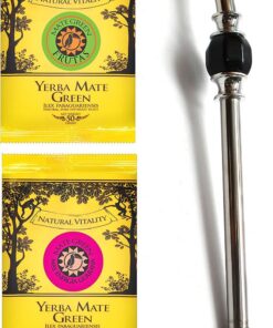 Mate Green Bombilla BOLA Negro mit einem Pinsel (schwarzer Stein) - Länge 21 cm und Yerba Mas Guarana Energie 50 g, Frutas 50 g, hohe Qualität, fairer Preis