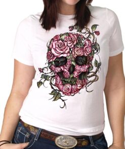 Hot Leathers Roses Skull Tee in White (Large)