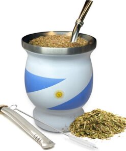 Yerba Mate Natural Kürbis/Teetassen-Set, argentinische Flagge/Argentinien (Original traditionelle Mate-Tasse – 227 ml) | inkl. 2 Bombillas (Yerba Strohhalme) & Reinigungsbürste Edelstahl doppelwandig | Inklusive 2 Bombillas und Reinigungsbürsten, traditionelles Yerba Mate Kit für Teetrinker, Reisen und den täglichen Gebrauch