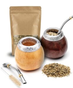 Balibetov Yerba Mate Set – 2 Kürbisse, 2 Bombillas, Reinigungsbürste, 100 g Blätter – Dunkelbraun